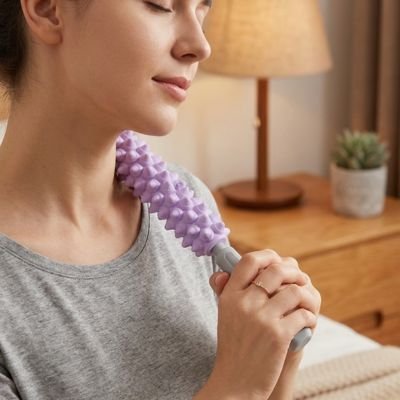 Rouleau de massage une personne roulant l'accessoire sur sa nuque