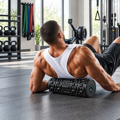 Rouleau de massage vibrant une personne faisant usage dans un gym