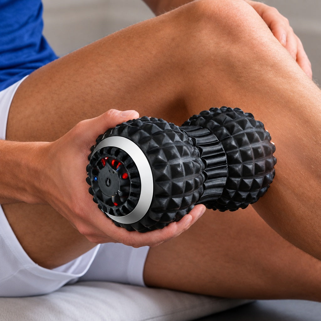 Rouleau de massage vibrant une personne faisant usage sur le mollet
