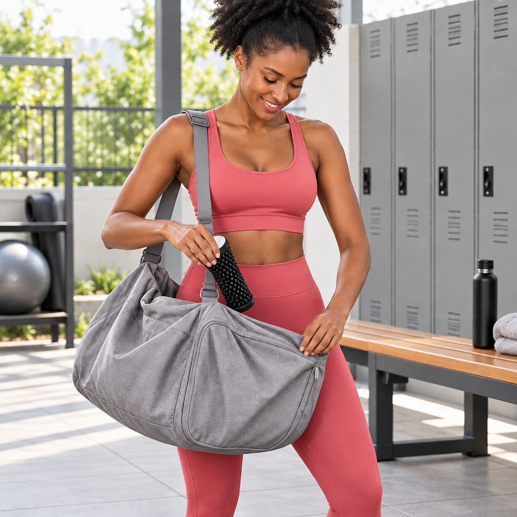 Rouleau de massage vibrant une personne sortant l'accessoire du sac sport dans un vestiaire de gym
