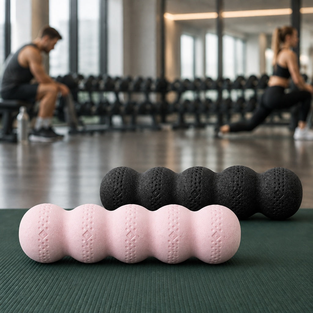 Rouleau massage les deux modèles de couleurs placé sur un tapis sport dans un gym occupé