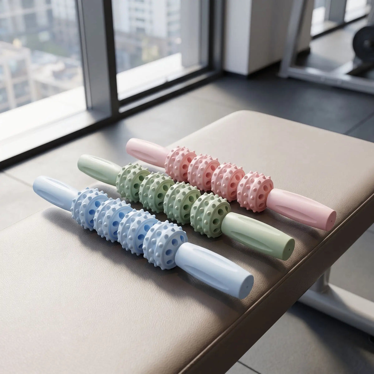 Rouleau massage les trois modèles de couleurs placé sur un banc d'entraînement