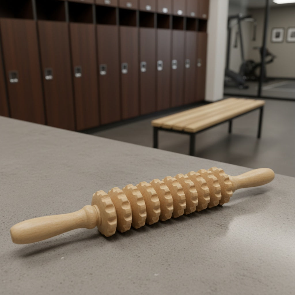 Rouleaux de massage montrant l'accessoire sur un comptoir de vestiaire sportif d'exercice