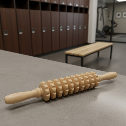 Rouleaux de massage montrant l'accessoire sur un comptoir de vestiaire sportif d'exercice
