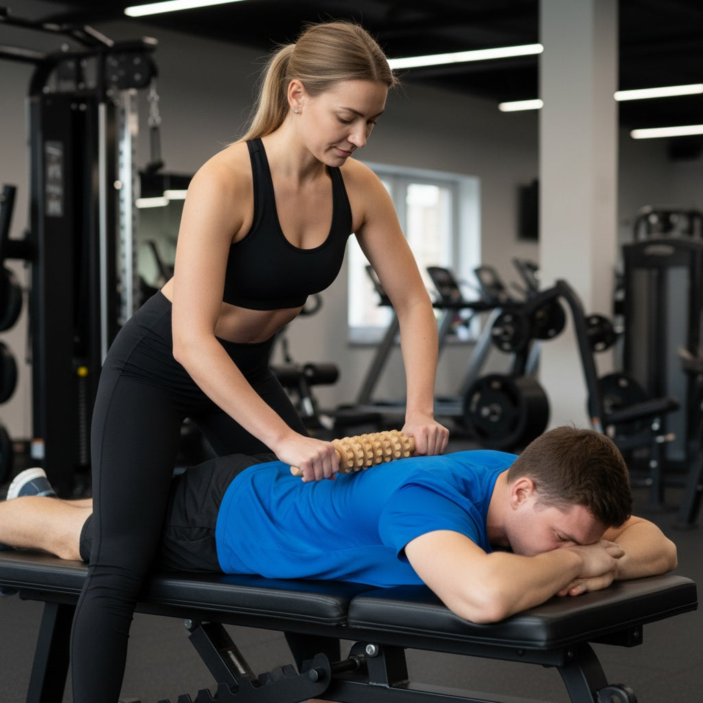 Rouleaux de massage une personne roulant l'accessoire sur le dos d'une autre personne allongé sur un banc de gym