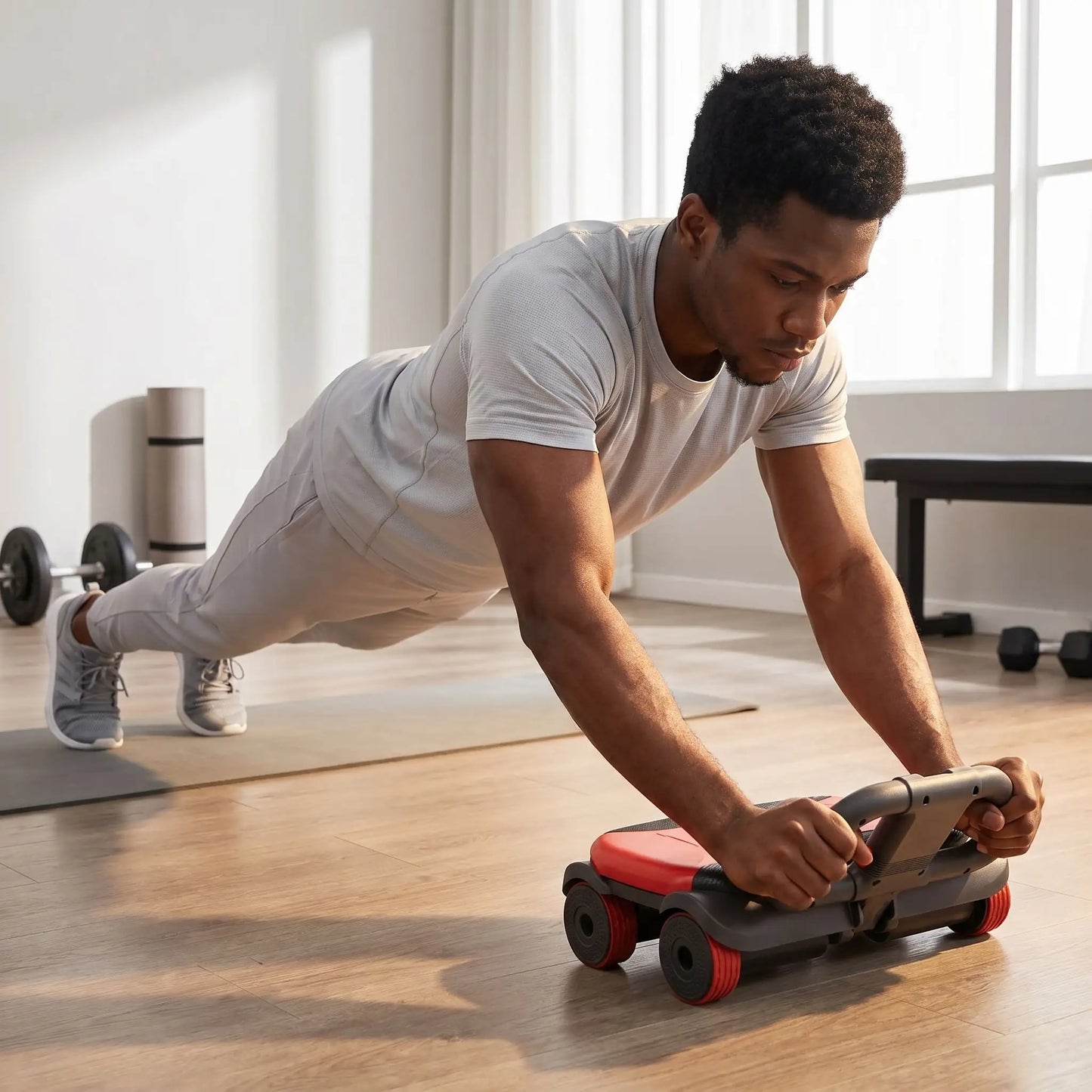 Roulette abdo une personne utilisant l'appareil dans un environnement d'entraînement fitness dans un appartement