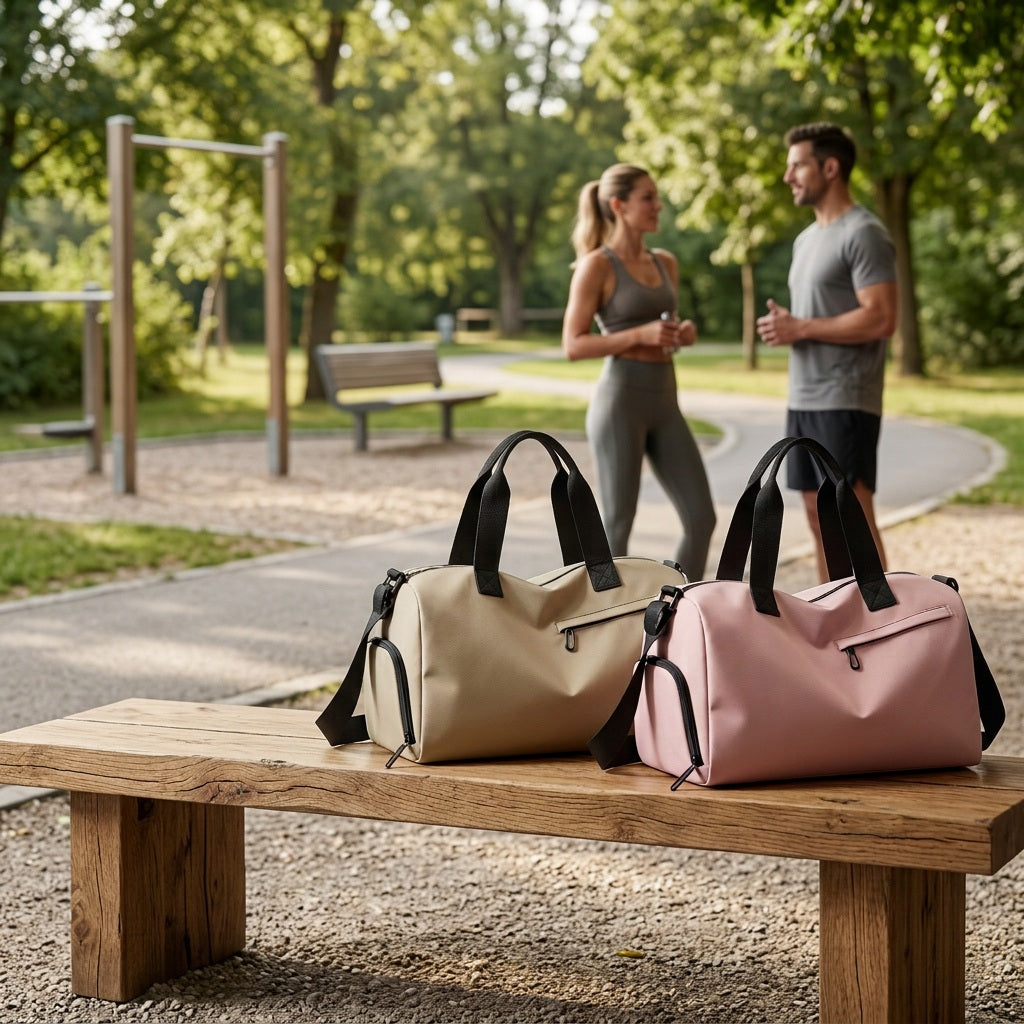 Sac de sport deux modèles de couleurs déposé sur un banc en bois dans un parc face à une zone d'entraînement montrant deux personnes discutant ensemble