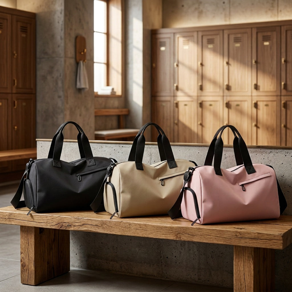 Sac de sport trois modèles de couleurs déposé sur un banc placé dans un vestiaire de gym luxueux contenant de beaux casiers en bois