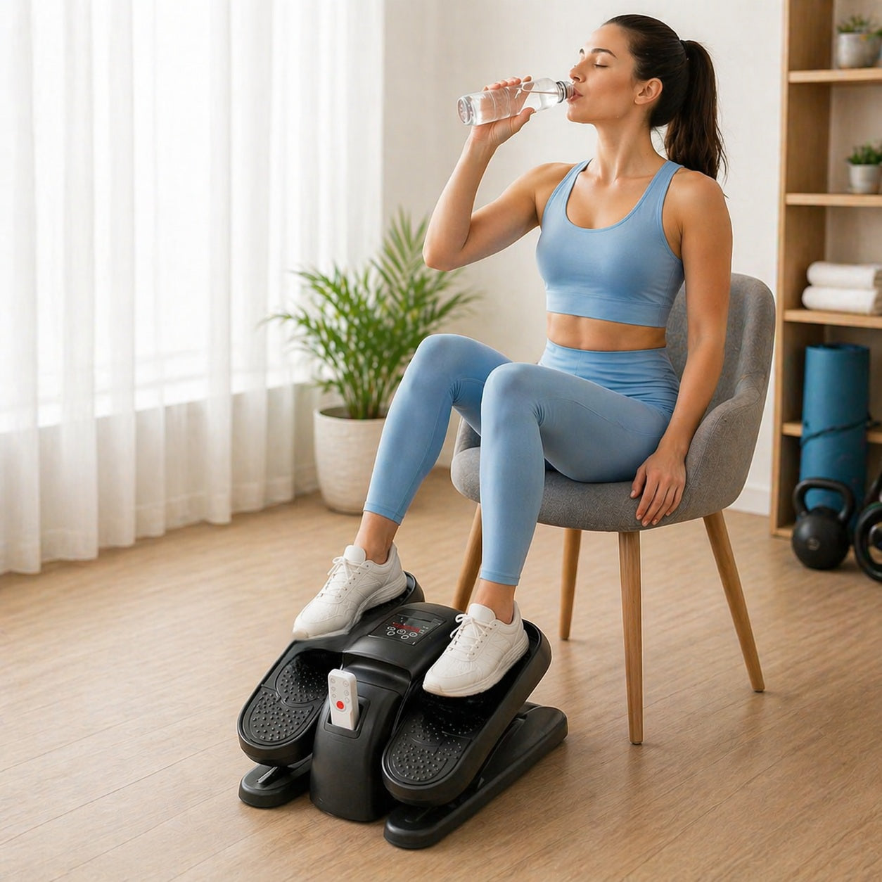 Stepper électrique une personne utilisant l'appareil assis sur une chaise