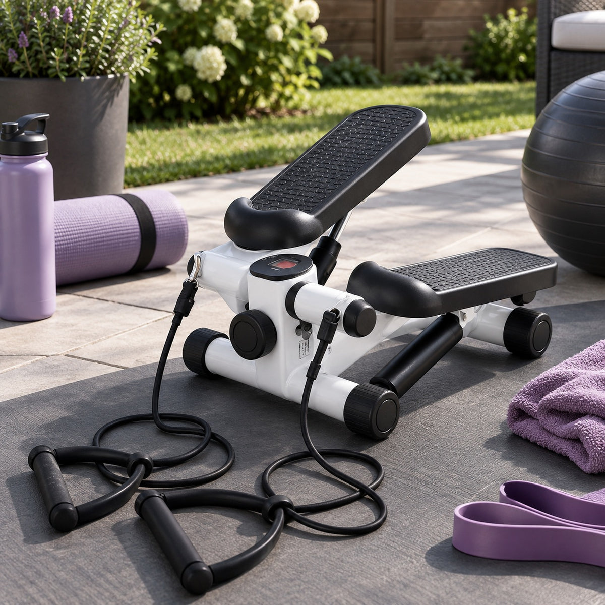 Stepper modèle de couleur blanc placé sur une cour avec un jardin et quelques accessoires de gym