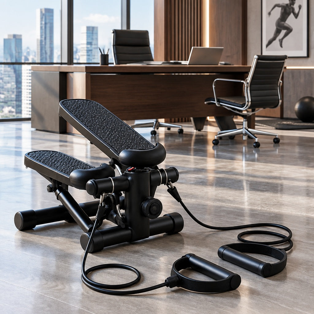 Stepper modèle noir sur le plancher d'un bureau professionnel au décor sportif