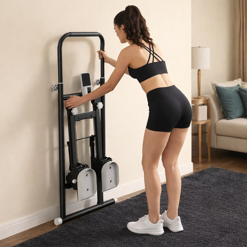 Stepper on une personne plaçant l'appareil plié et appuyé sur le mur