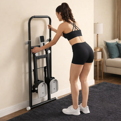 Stepper on une personne plaçant l'appareil plié et appuyé sur le mur
