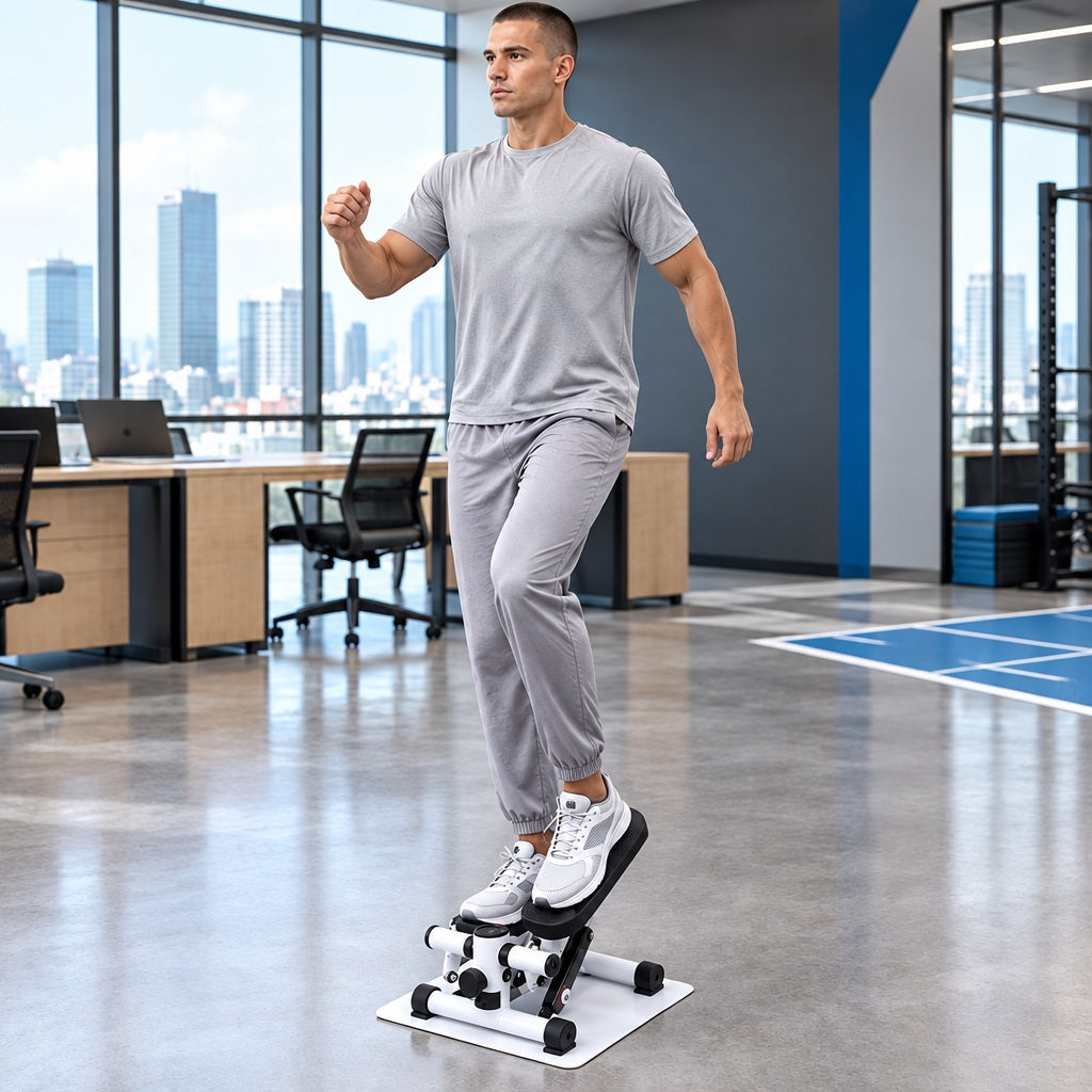 Stepper une personne s'exerçant sur l'appareil dans un espace d'un grand local de bureau avec un coin sportif