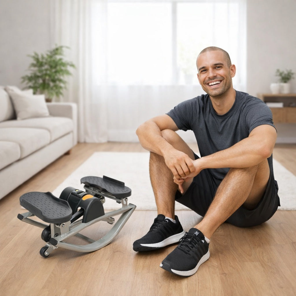Stepper up homme dans un salon sourire radieux