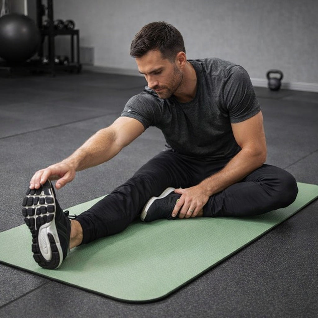 Tapis de sport un homme s'étire au salon sportif