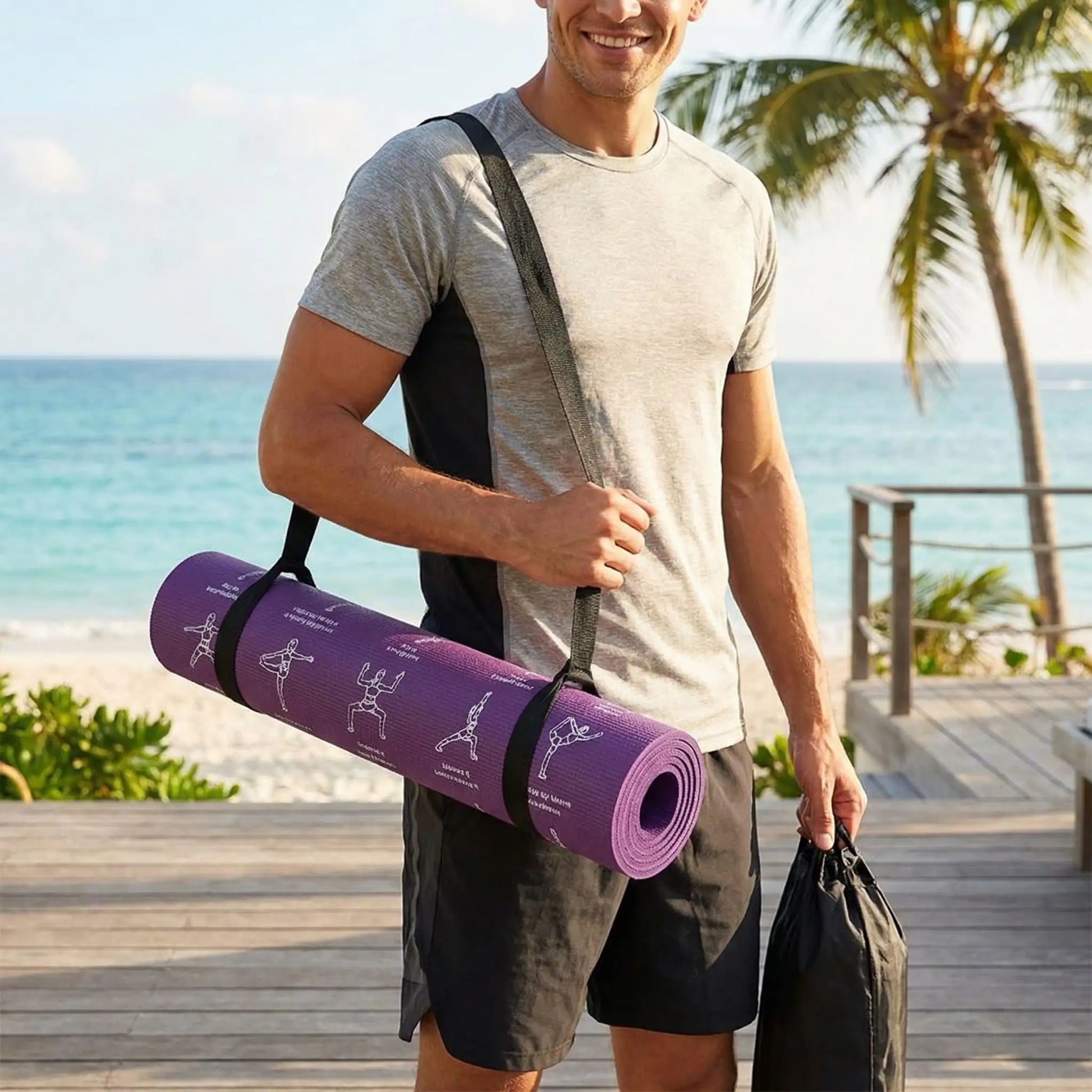 Tapis de yoga pour voyage une personne en vacance tenant son tapis