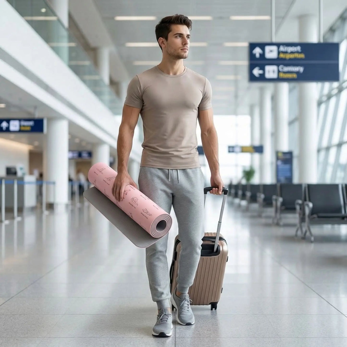 Tapis de yoga une personne en déplacement avec le tapis