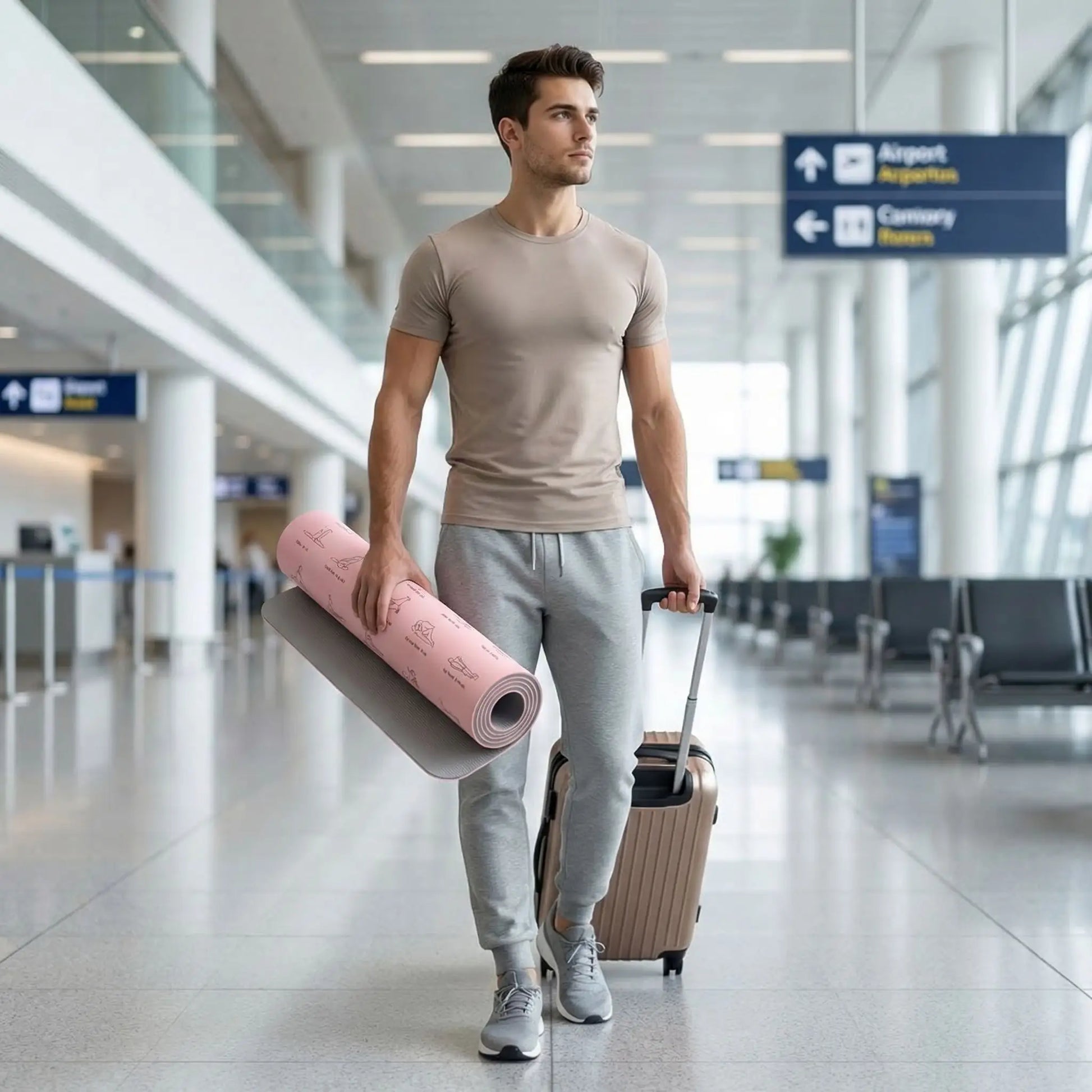 Tapis de yoga une personne en déplacement avec le tapis