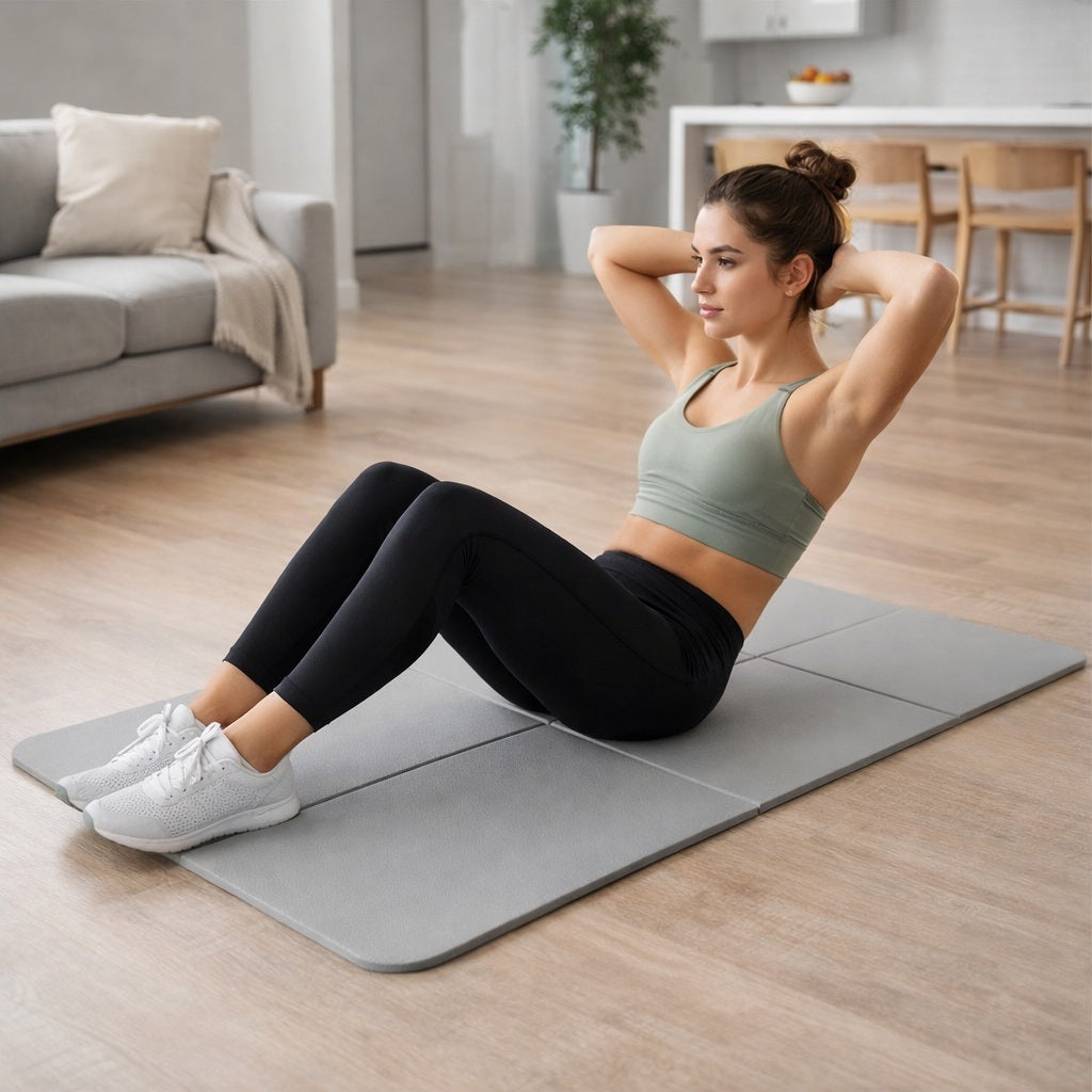 Tapis gym une femme fait des redressements assis dans le salon à air ouvert