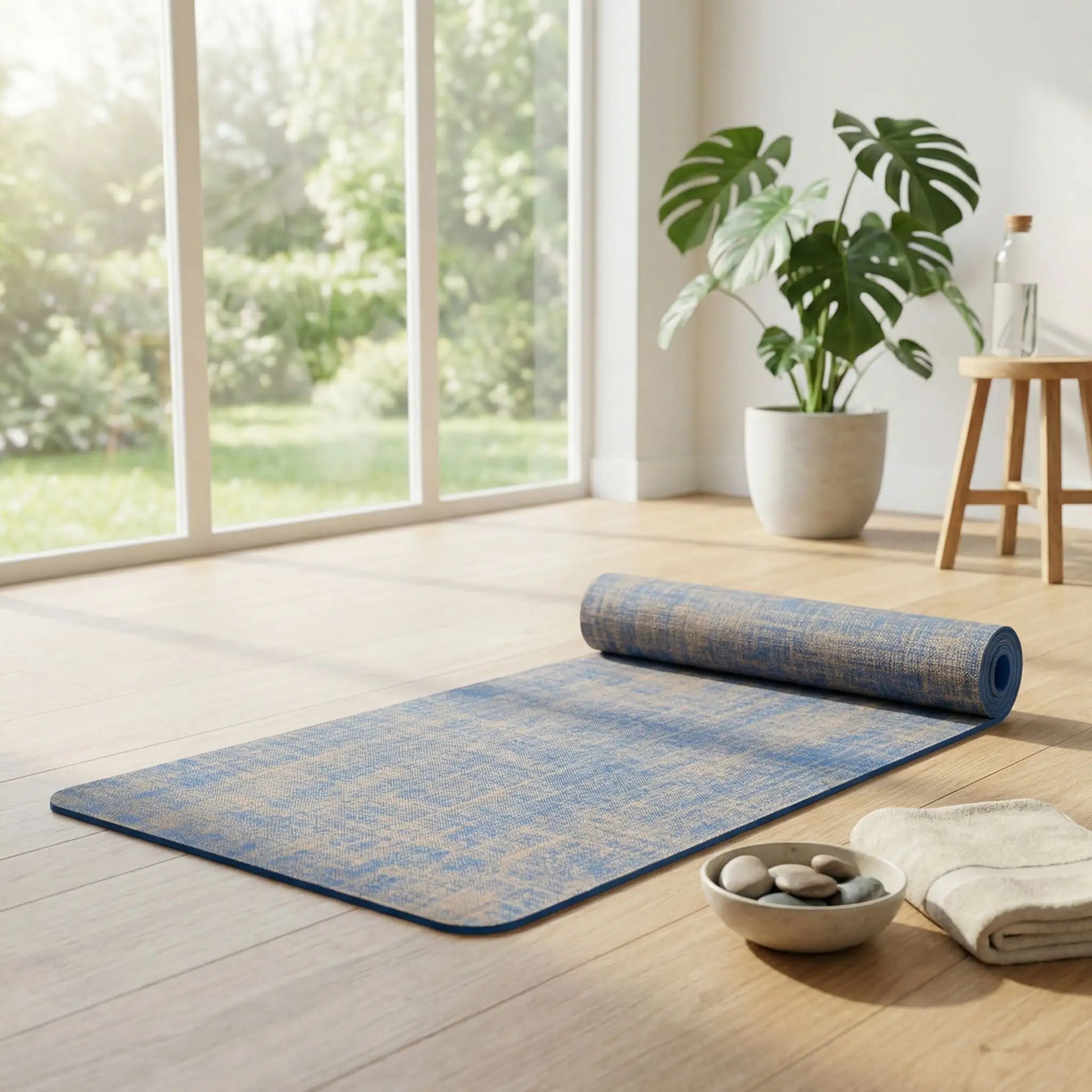 Tapis yoga montrant modèle de couleur bleu