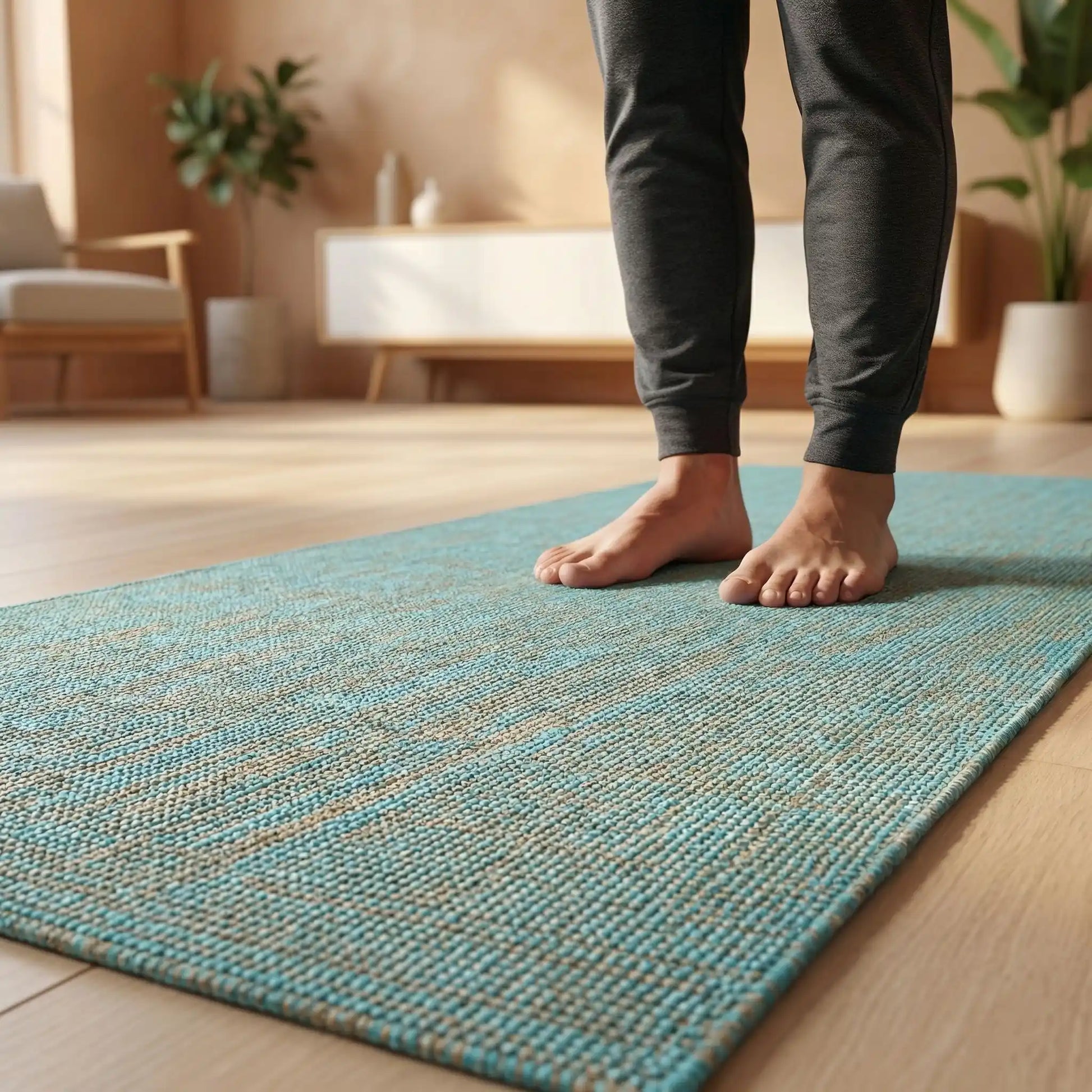Tapis yoga une personne debout sur la surface texturisé du tapis