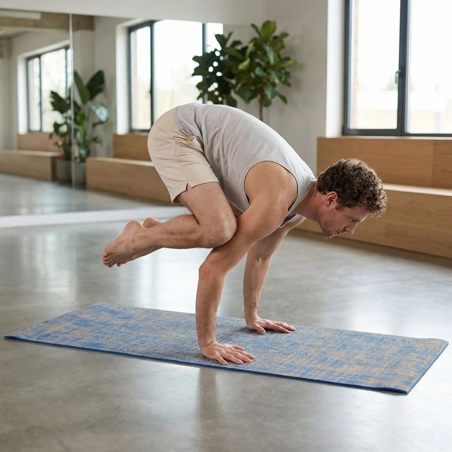 Tapis yoga une personne pratiquant la posture du corbeau