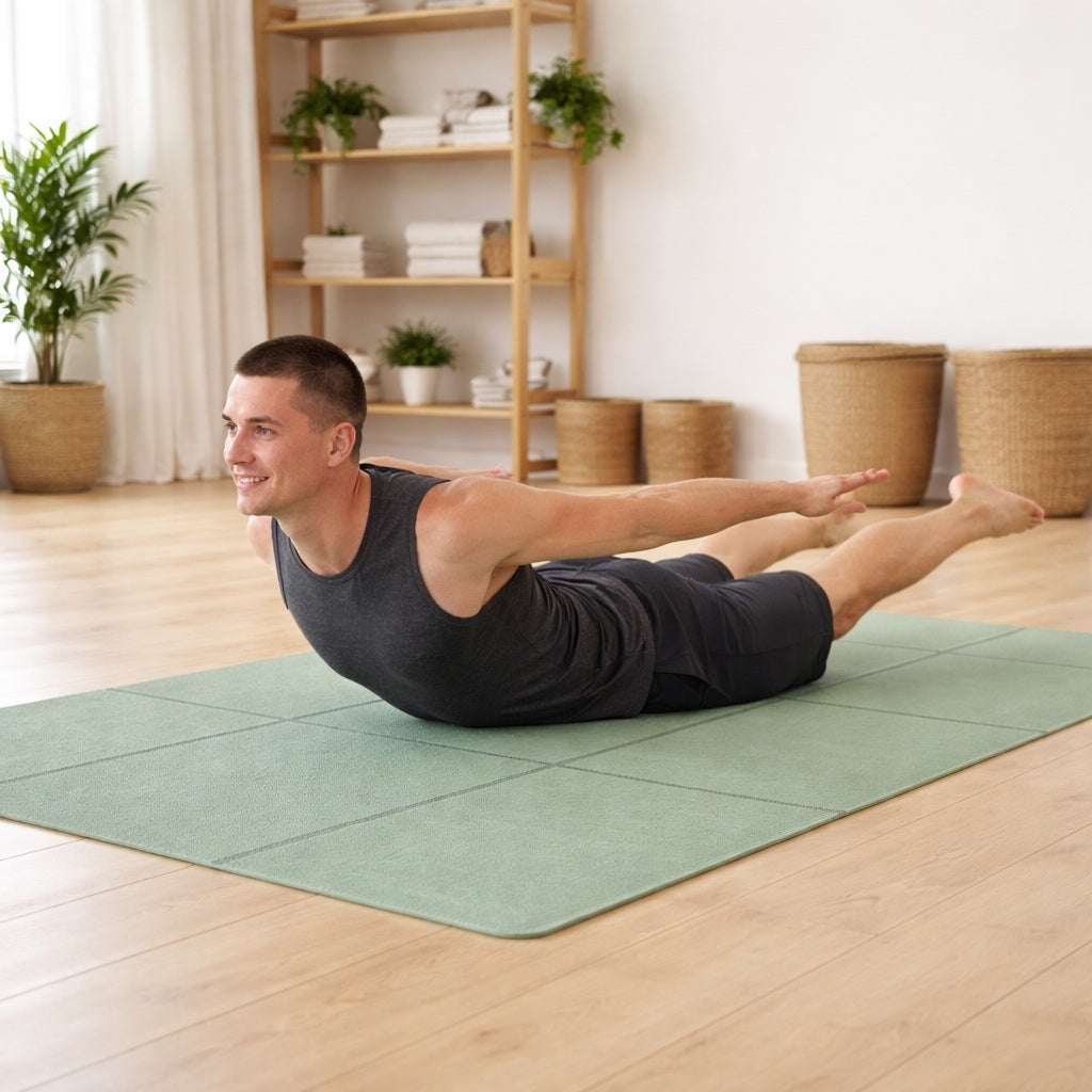 Yoga tapis une personne faisant la posture de la sauterelle