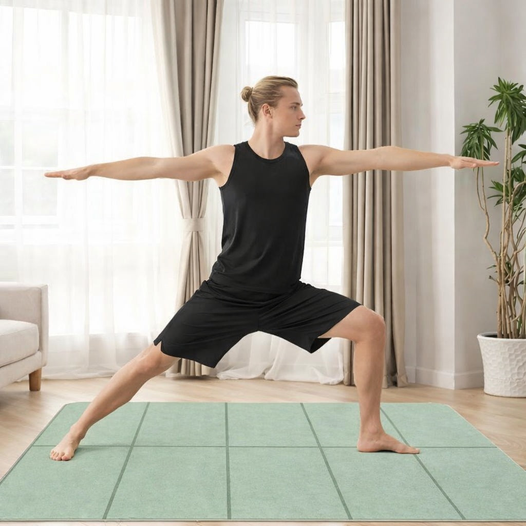 Yoga tapis une personne faisant la posture du guerrier hindou