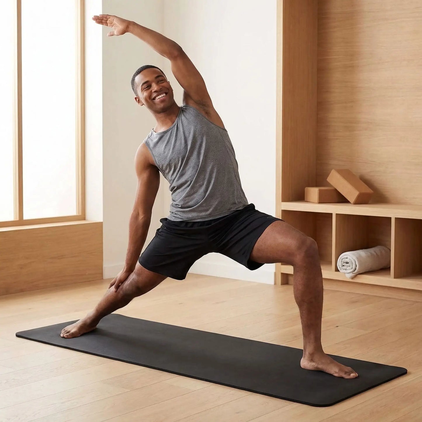Yoga tapis une personne faisant la posture du guerrier inversé